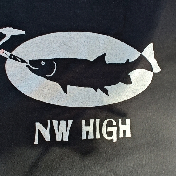 Black "NW High" T-shirt with fish graphic, long sleeve, Size M (unisex) - Picture 2 of 7
